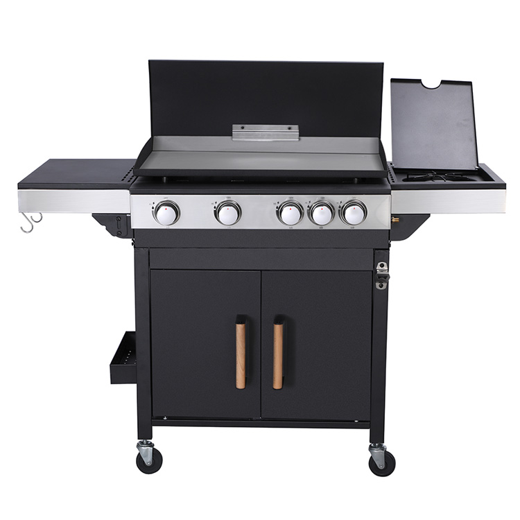 Churrasqueira a gás portátil de 4 queimadores Plancha Grill com queimador lateral e carrinho